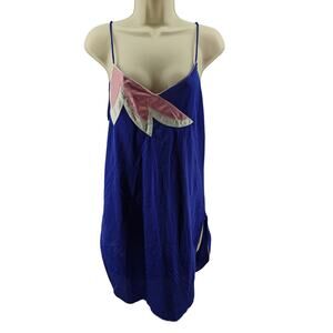 80s Strappy Sexy Royal Blue Nightgown Pink White Neckline Design Womens Small